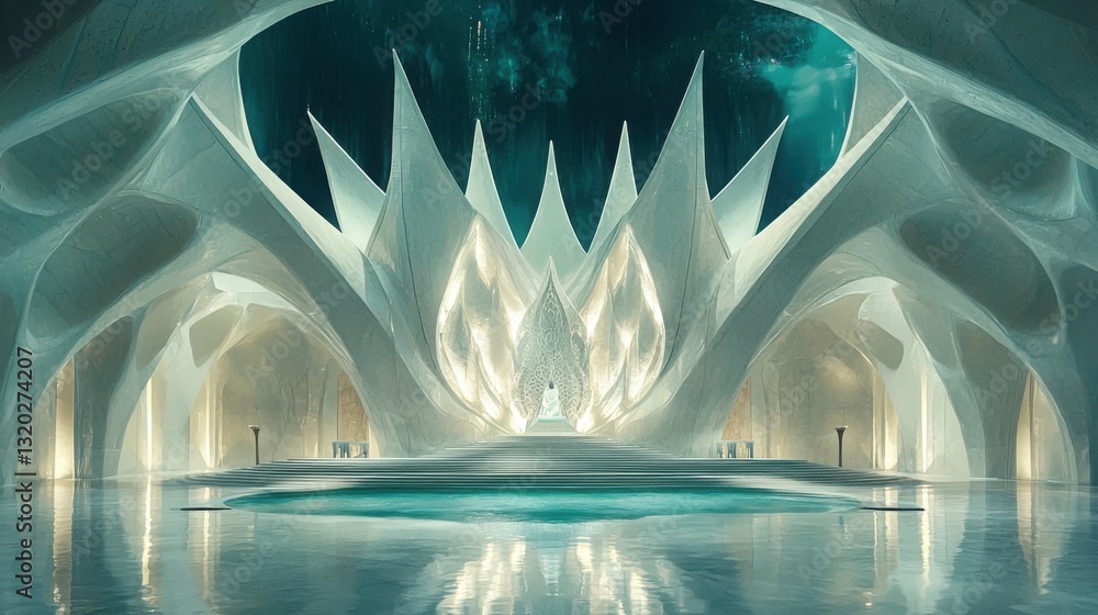 Poster stunning futuristic building with a reflective pool creating a unique architectural marvel and seren