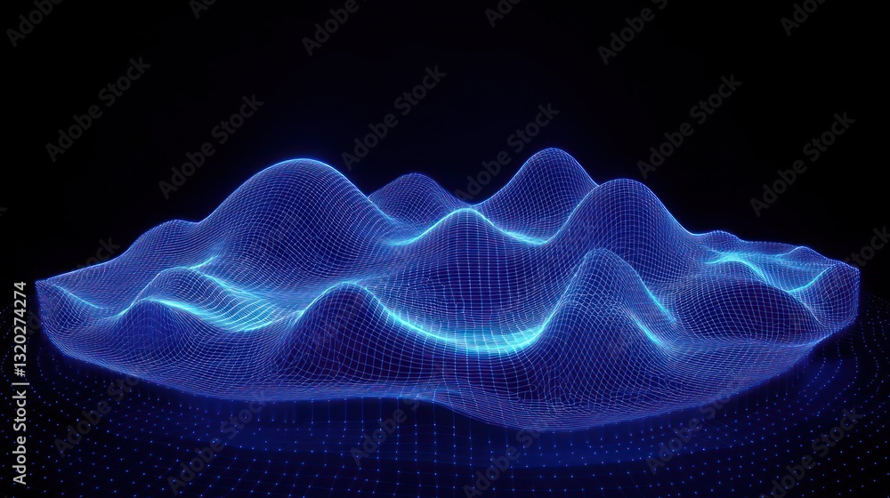 Poster futuristic digital wave visualization with moving particles and glowing lines in blue abstract techn