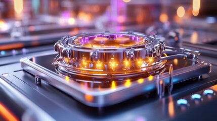 A close-up view of a modern gas stove burner with glowing lights, showcasing sleek metallic design and advanced cooking technology.