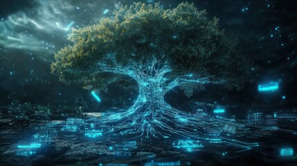 Fototapeta premium Mystical, digital tree of life, intertwining nature and technology. Glowing roots, futuristic interface