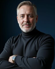Fototapeta premium A confident man with a well-groomed beard poses in a black turtleneck against a dark background, exuding professionalism and charisma.