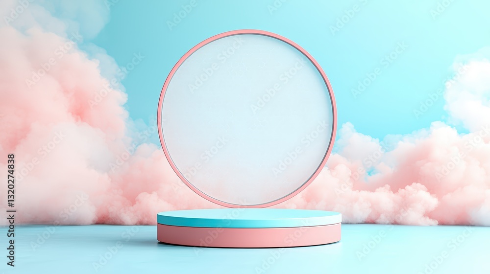 Aufkleber ethereal 3d podium with a round mirror set against a dreamy blue background creating a mystical visu