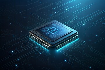 A futuristic AI microchip on a dark blue and black background.