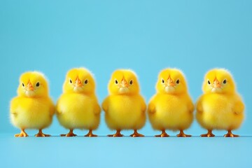 Fototapeta premium Fluffy Yellow Chicks in a Row on Bright Blue Pastel Background