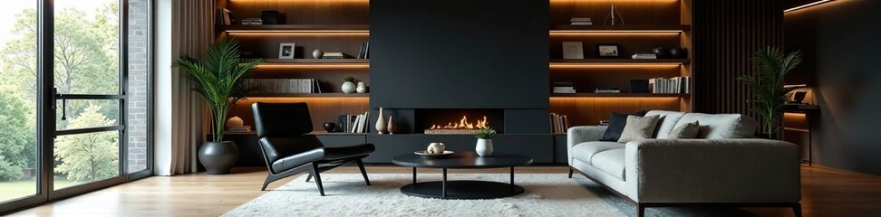 Modern living room, black chair, built-in bookshelves , grey, modern design, light