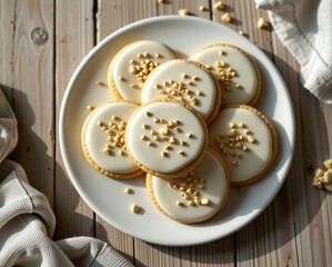 Deliciously decorated cookies topped with nuts, arranged neatly on a plate, creating an inviting and visually appealing dessert display.