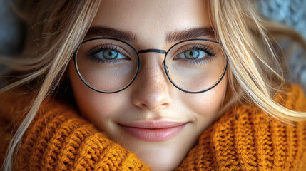 Bright smile with a cozy mustard sweater and glasses