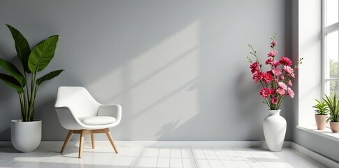 Sleek grey wall, minimalist white chair, vibrant floral arrangement , home, calm, light