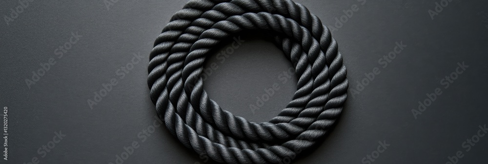 Poster black jump rope coiled in a spiral on a smooth grey background creating a minimalist and modern aest