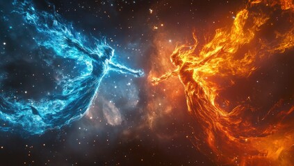 Fire and ice ethereal beings touch hands in space.