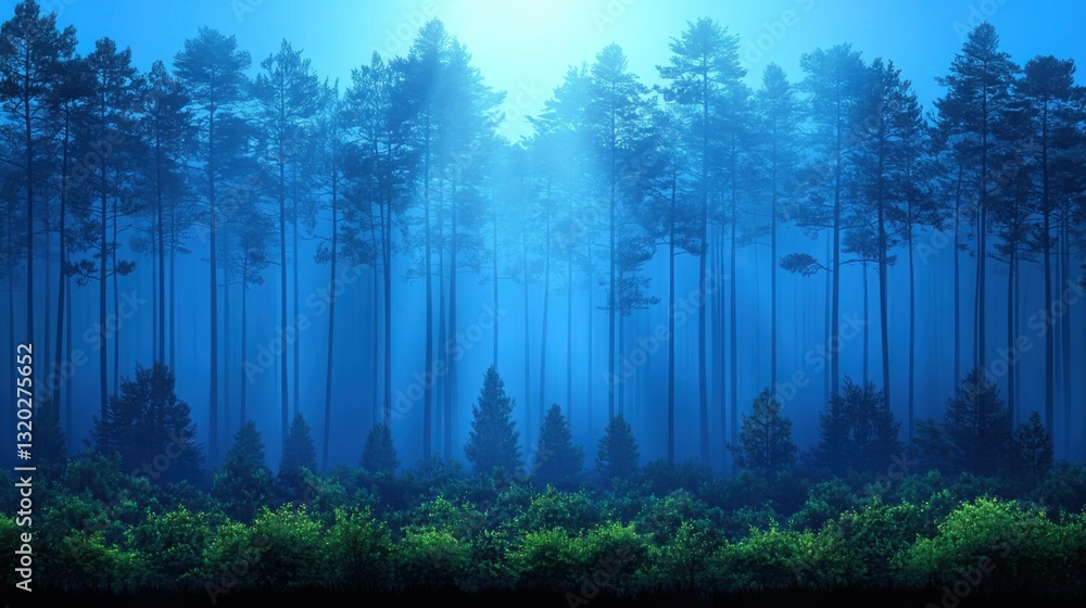 Poster lush green forest with tall trees and vibrant bushes illuminated by sunlight filtering through the c