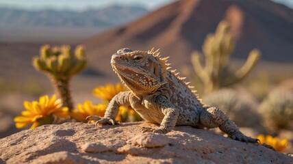 Obraz premium Young Horned Lizard Basking on Rock with Desert Flowers