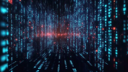 Futuristic Digital Landscape with Falling Binary Code in Cyberpunk Aesthetics and Neon Blue Black Colors