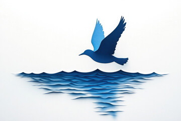 Obraz premium A stylized blue bird in flight over layered paper cut waves, creating a serene and artistic depiction of nature in minimalist design.