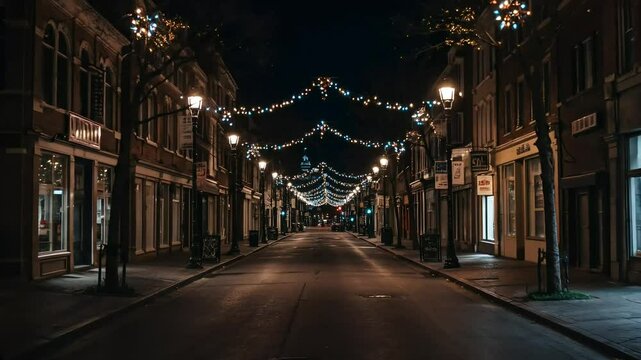 Street Decorated with Christmas Lights at Night in a Small Town