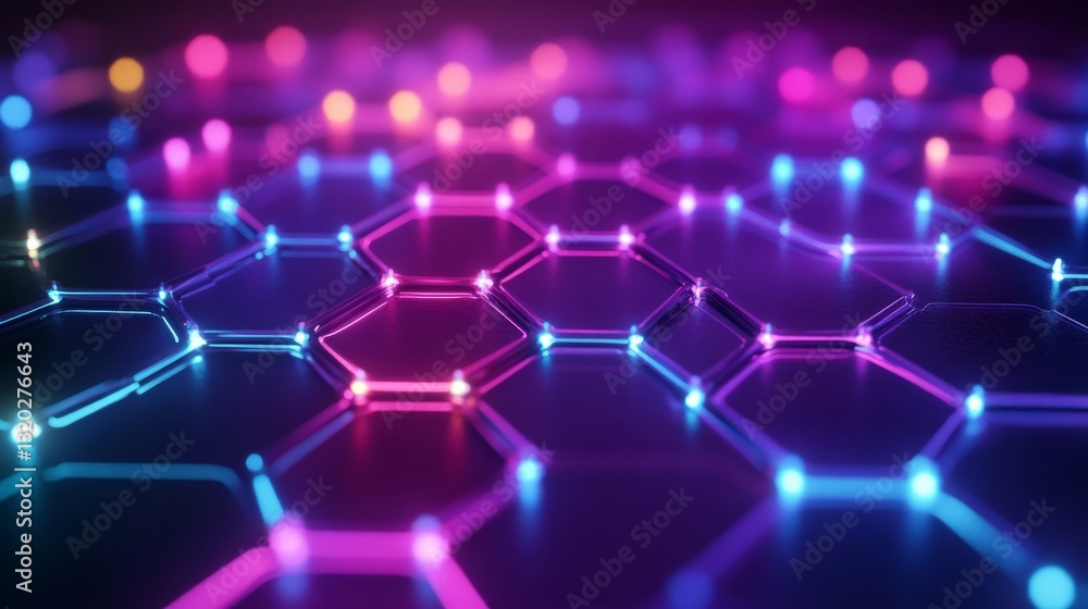 Poster abstract hexagonal network lit with vibrant neon colors and glows