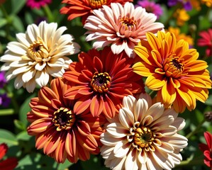 Fototapeta premium A vibrant bouquet of zinnias in various colors, showcasing their full blooms against a lush green background.