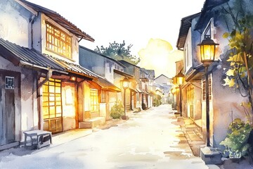 Fototapeta premium Watercolor painting of a golden hour cityscape during Ramadhan, with a row of old houses bathed in golden light