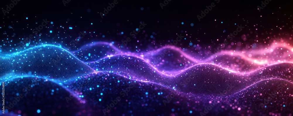 Poster futuristic abstract waveform network with glowing lines and particles in cyberpunk aesthetic