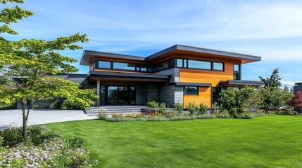 Obraz premium Modern house with clean lines, surrounded by lush greenery and soft natural light, embodying simplicity and harmony. 