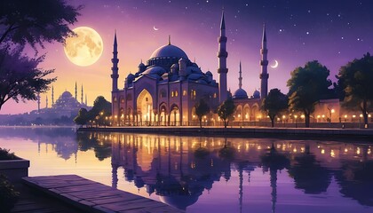 Naklejka premium Serene Night Mosque by the River with Crescent Moon. Generative Ai
