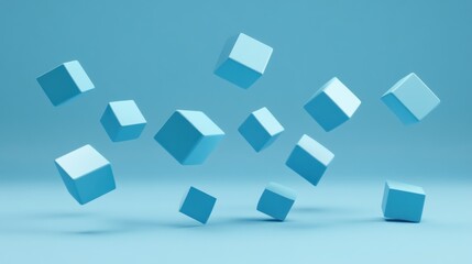 Floating light blue cubes on blue background.