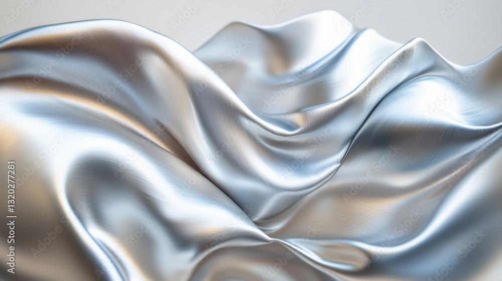 Poster silvery metallic material forms elegant waves and flowing curves on display