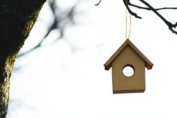 A simple wooden birdhouse hangs from a branch with a clear sky backdrop, capturing a serene outdoor scene.