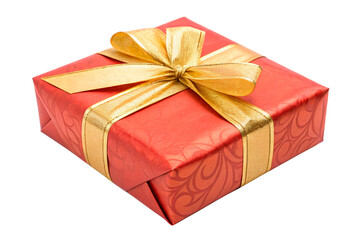 Obraz premium Isolated picture of a bright present box with a glossy gold ribbon on a white background - generated by ai