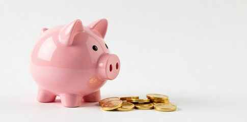 Close-up of paper piggy bank with golden coins inside on white background, currency, piggy bank