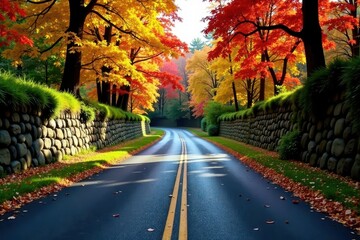 Obraz premium Asphalt road winds through vibrant foliage, stone walls , image, picture, autumn