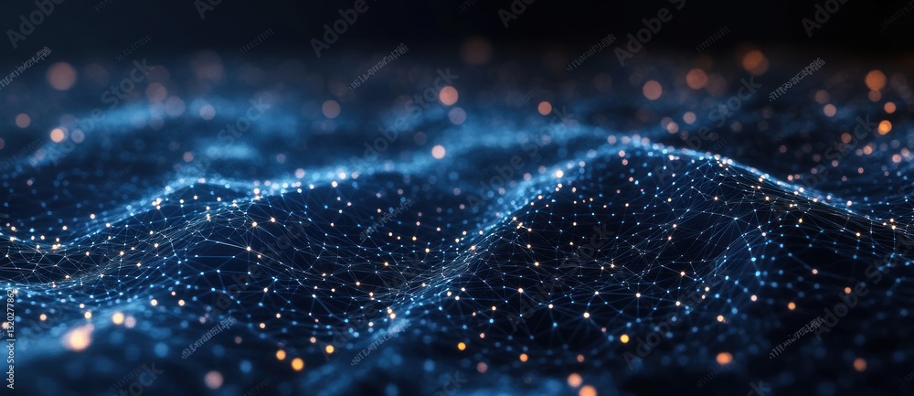 Poster futuristic digital landscape with interconnected nodes and lines in abstract blue technology design