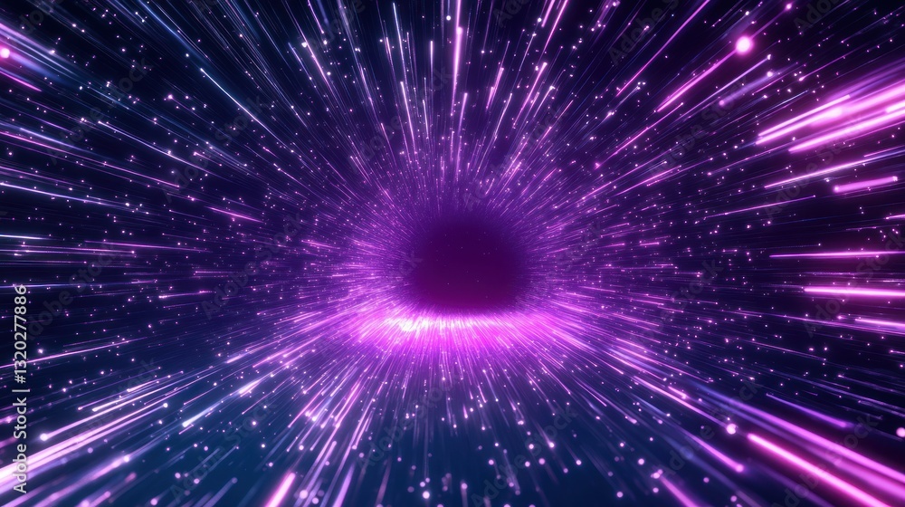 Poster futuristic lightspeed tunnel with glowing particles and cosmic data explosion