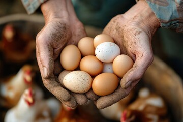 Fresh Organic Eggs Collected by Woman Farmer on Chicken Farm with Cage Free Chickens in Countryside