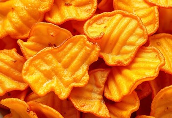 Golden-brown, crispy potato chips, ridges visible, oily sheen, brown, tasty