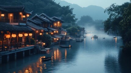 Fototapeta premium Misty river village at twilight. Wooden houses with warm lights line a calm waterway
