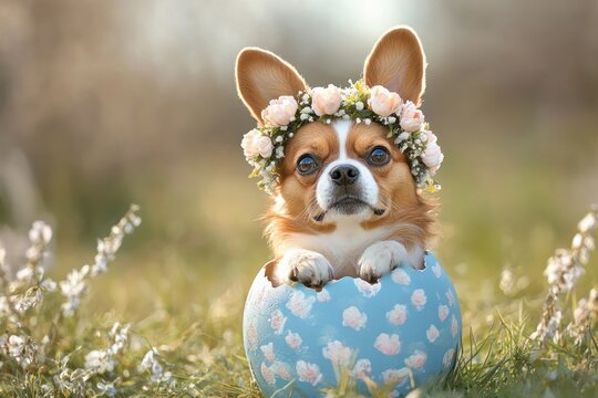 French Bulldog Dog with Bunny Ears in Colorful Easter Egg Floral Headpiece Portrait