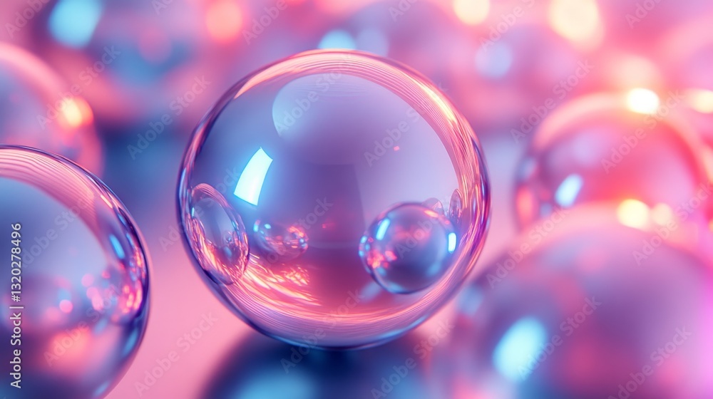 Poster many spheres are floating creating beautiful light reflections in a space