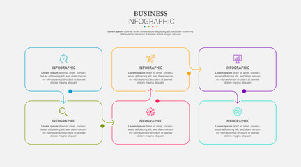 Line step infographic. 6 options workflow diagram, number infograph, process steps chart with line icons. Information vector concept. Illustration of step information chart and infographic 