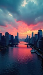 Dramatic cityscape, East River, lower Manhattan , bridge, New York City