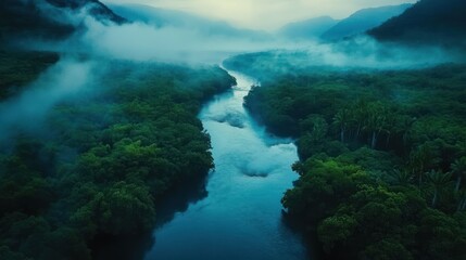 Obraz premium Misty River Winding Through Lush Jungle