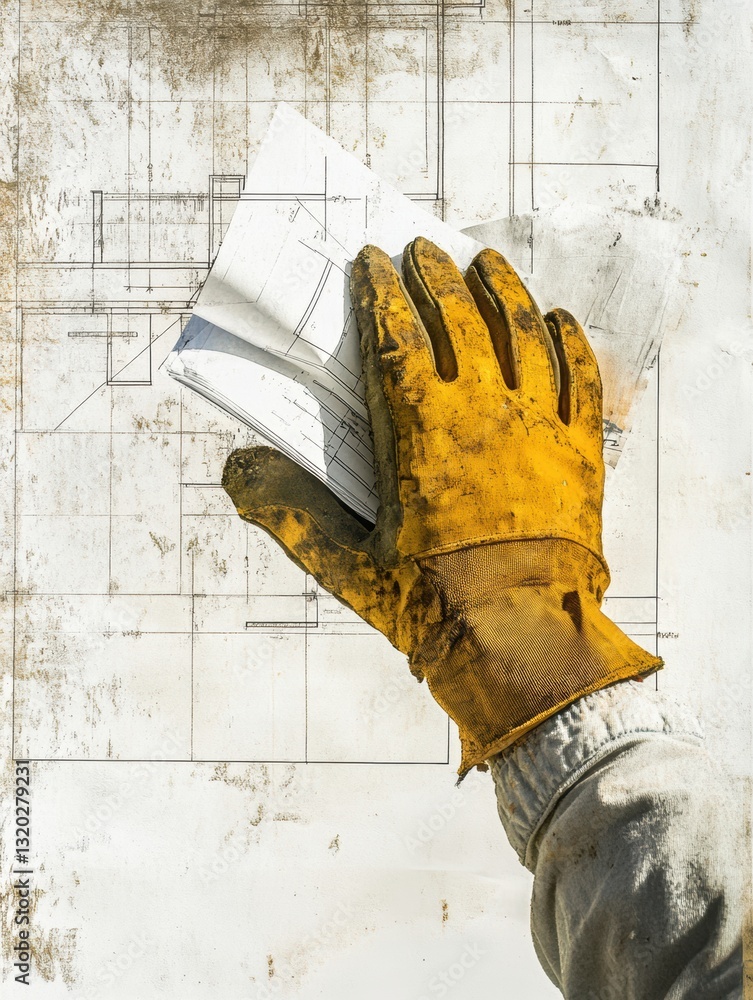 Aufkleber holding a blueprint while overseeing construction progress at a busy construction site with an organ
