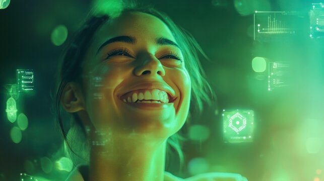 Optimistic woman illuminated by futuristic technology interface glow