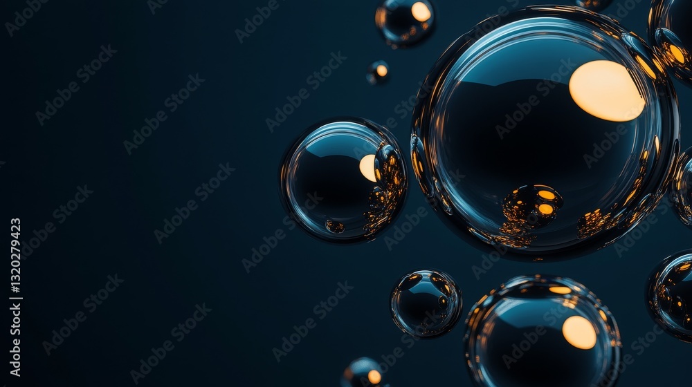 Aufkleber several translucent spheres with reflections floating on a dark background