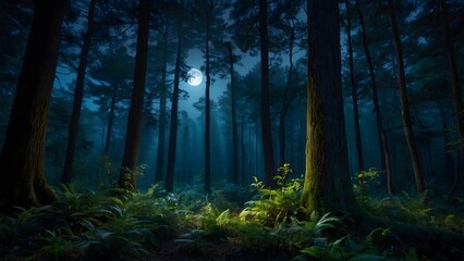 Mystical forest under moonlight, embracing the beauty of nature at night