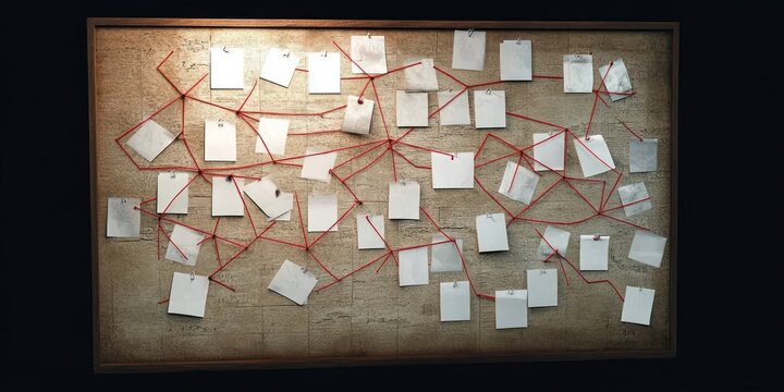 Detective Research Board with Red Thread Connections and Blank Paper for Investigation and Evidence Discovery