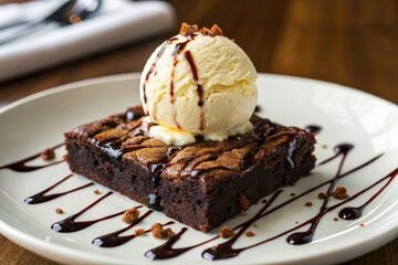Indulgent Homemade Fudgy Brownie with Scoop of Ice Cream and Chocolate Drizzle on Plate