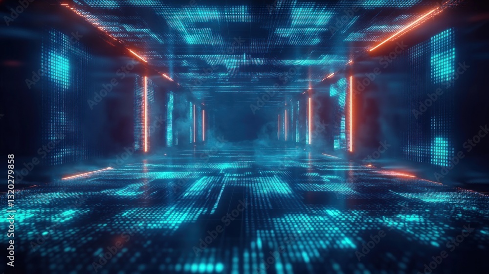 Aufkleber futuristic cyberpunk digital grid with glowing particles and vibrant neon lights for data transfer a
