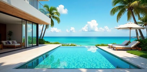 Fototapeta premium Luxurious beachfront mansion with outdoor terrace and ocean view, luxury, beachfront, outdoor terrace