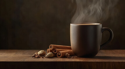 A carefully arranged still life featuring a steaming cup of spiced chai tea, a bundle of cinnamon sticks, and whole nutmeg placed on a smooth wooden surface
